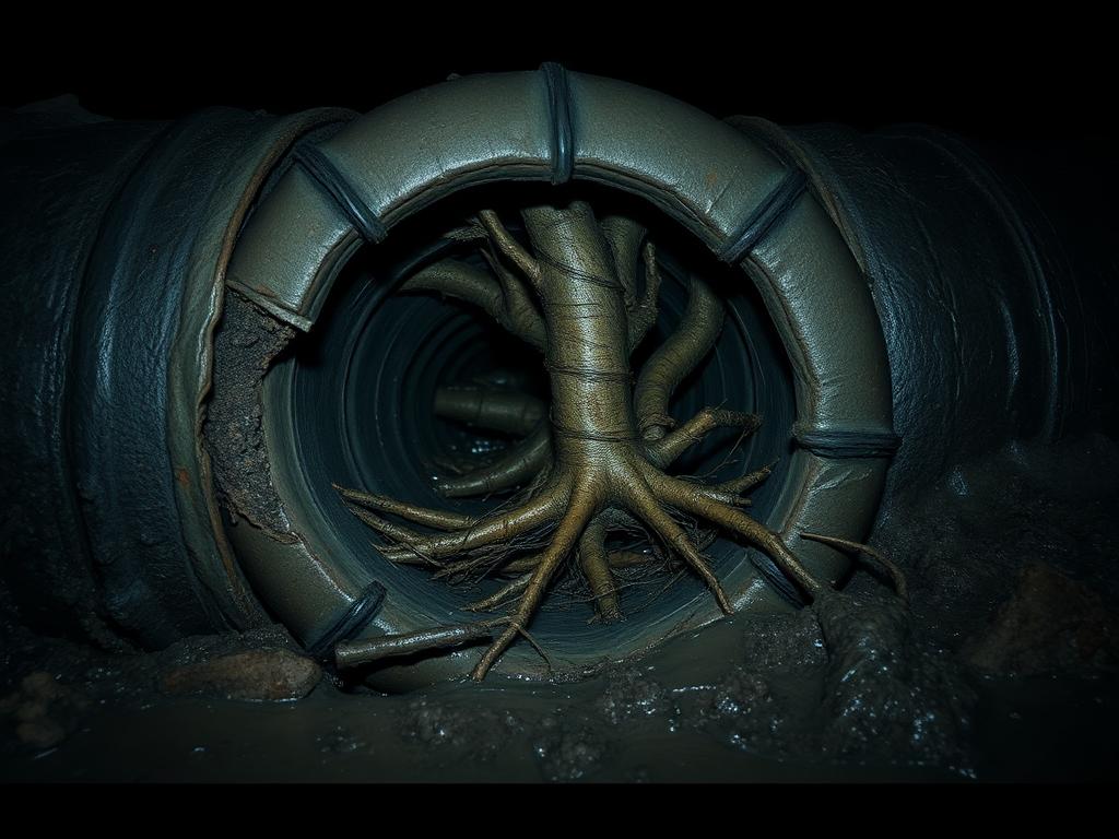 Collapsed pipe with root intrusion — needs full replacement