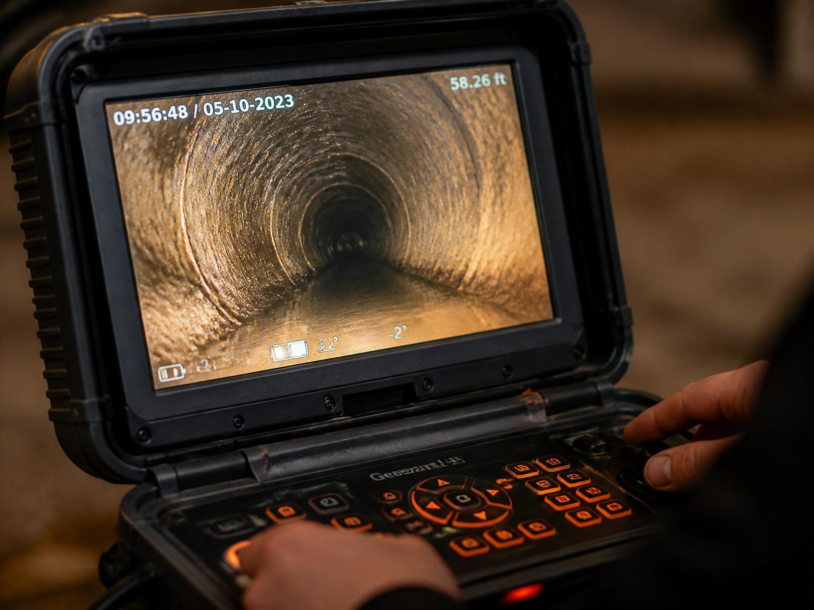 Live sewer camera inspection monitor showing the interior of a pipe