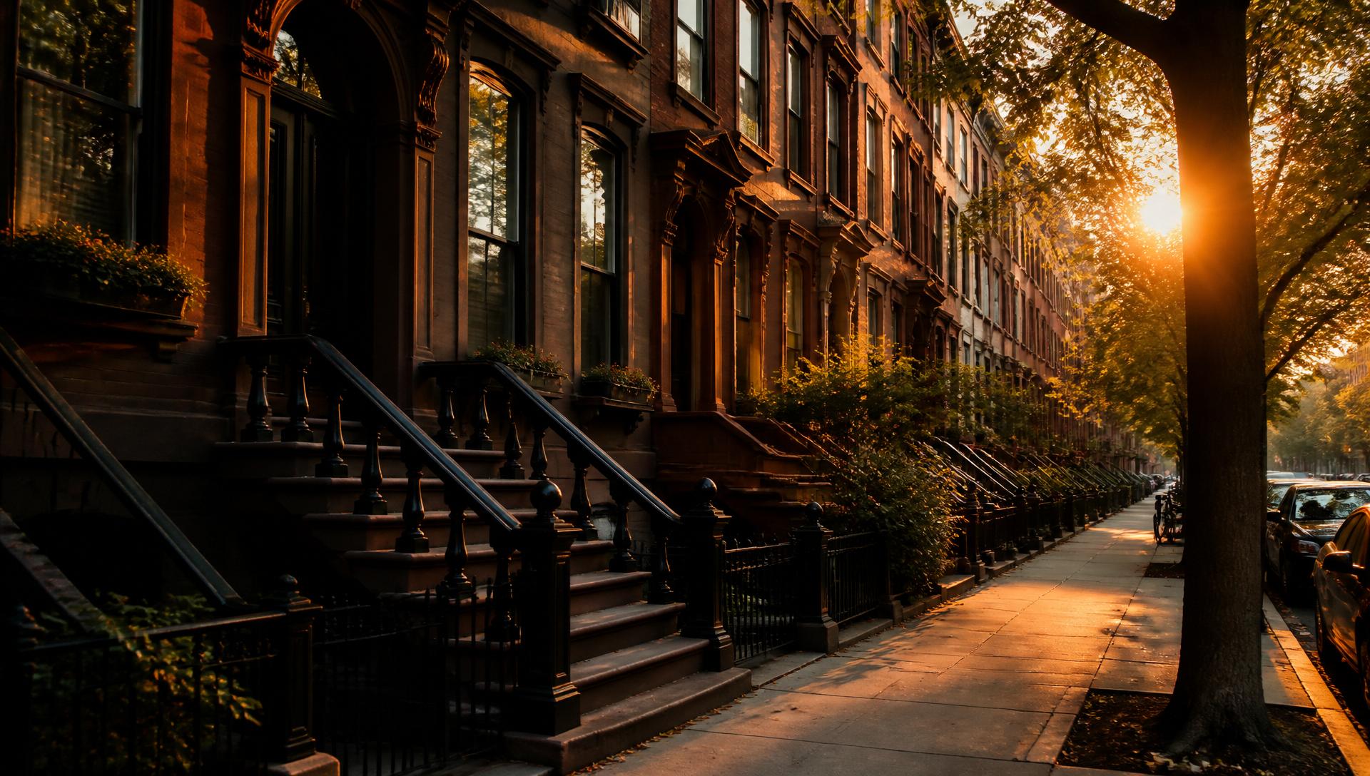 Brooklyn brownstone street at golden hour